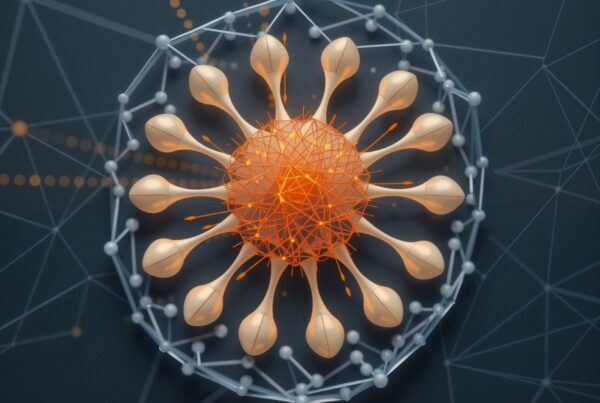 An intricate 3D abstract network with orange core sphere.