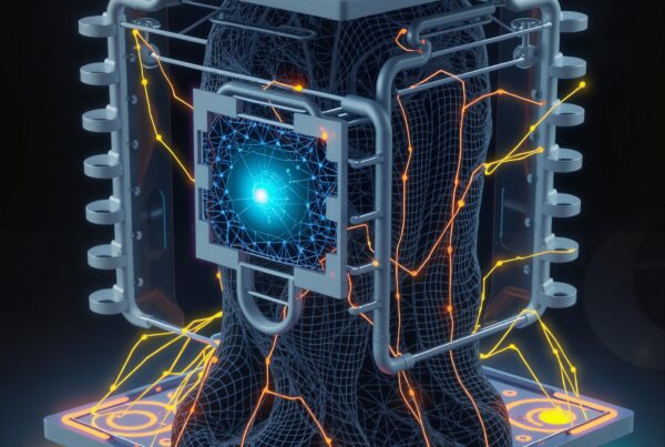 Futuristic cube with glowing neon elements.