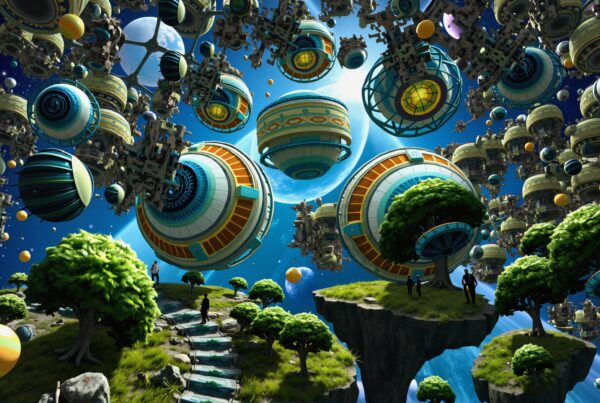 A futuristic cosmic scene with floating orbs and lush greenery, blending technology and nature.