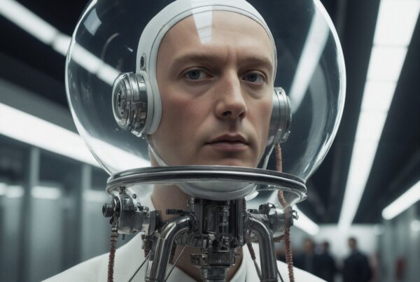 Futuristic individual wearing transparent helmet in high-tech corridor.