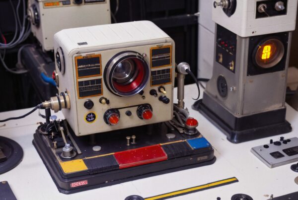 Vintage scientific equipment with knobs and dials on a control panel, featuring an optical lens, suggesting mid-20th-century laboratory use.