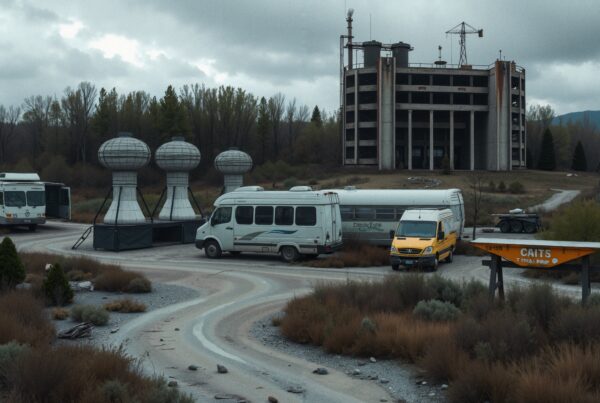 An abandoned industrial site with vehicles and structures.