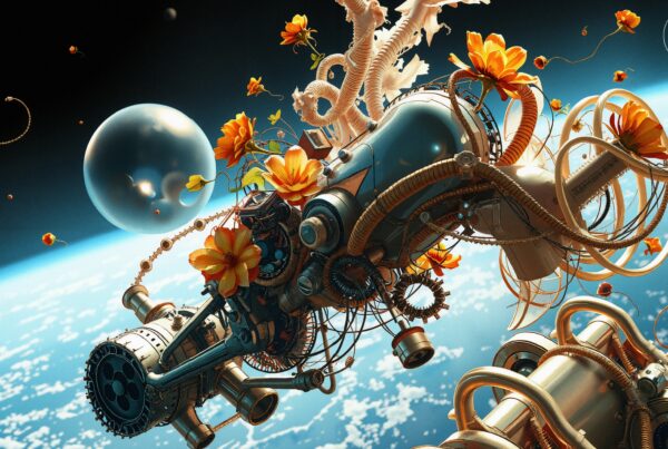 A futuristic space module with vibrant flowers floating above Earth in a harmonious blend of technology and nature.