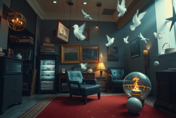 A cozy study room with vintage decor, featuring flying doves and a unique glowing sphere.
