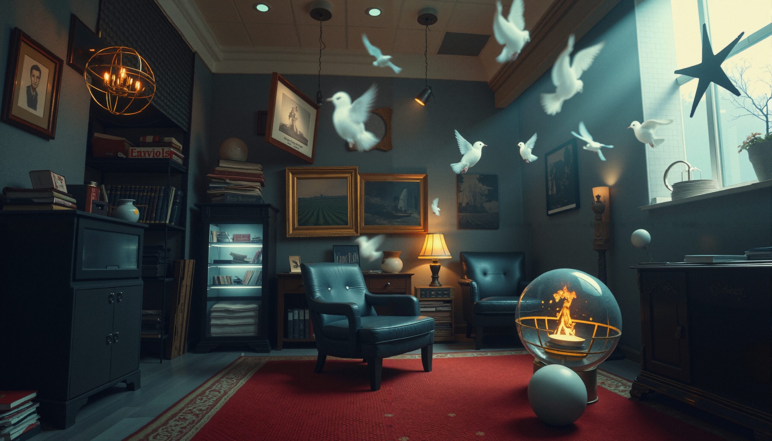 Surreal Study with Floating Doves