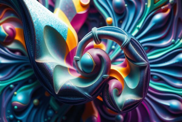 A vivid abstract design with swirling forms and vibrant colors.
