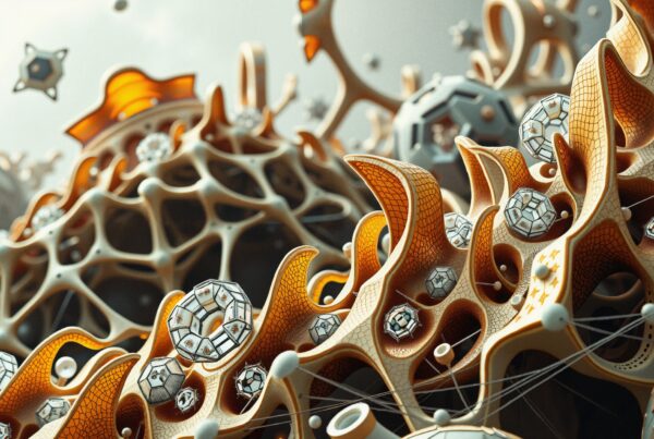 A complex abstract landscape featuring intricate geometric shapes and polyhedral structures in warm tones, evoking a futuristic and surreal environment.