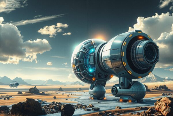 Futuristic spacecraft resting in a desert landscape under a dramatic sky filled with clouds.