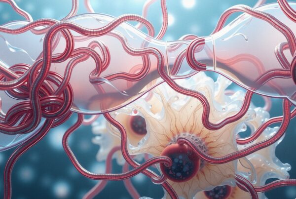 A detailed view of intertwined red tubes against a blurred backdrop, showcasing a complex central structure.