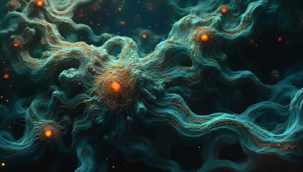 Cosmic Nebula Abstract with Swirling Teal and Orange Glowing Orb