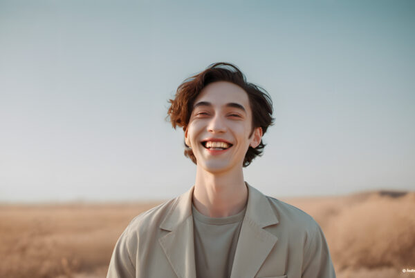 Young man smiling happily in outdoor field wearing beige clothing under sunny skies