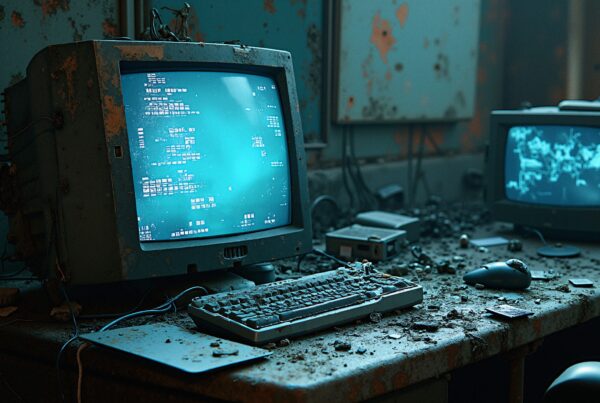 A rusted, abandoned computer setup with dusty monitors displaying coding on a blue screen, symbolizing vintage technology decay.