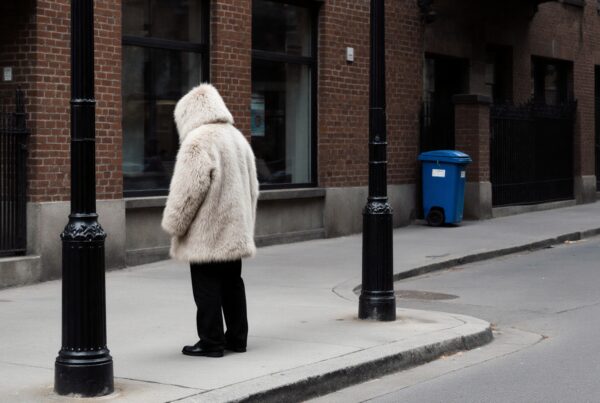 Person in fluffy light coat standing on an urban street corner.