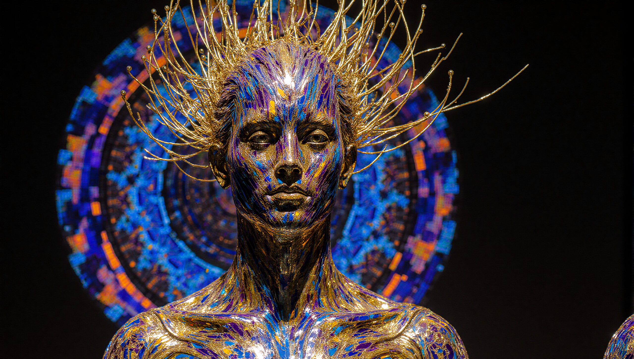 Futuristic Metallic Humanoid Sculpture Art