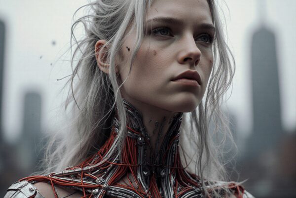A futuristic person with metallic and red wiring stands against a city skyline.