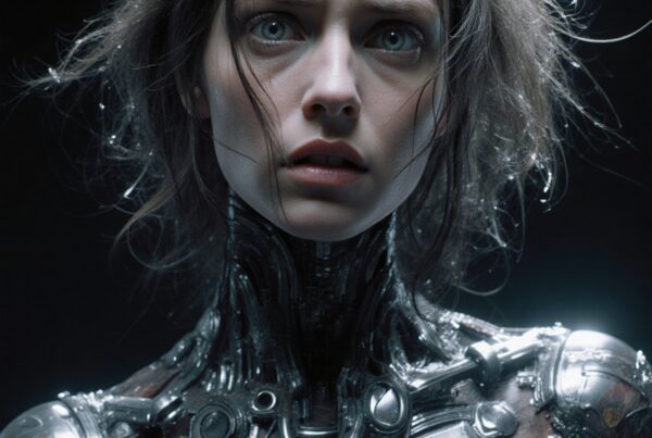 A woman is transformed into a cyborg, blending human and machine elements in a dramatic, futuristic scene.