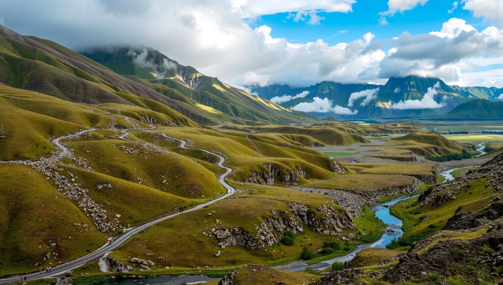 Stunning mountain valley with winding roads, rivers, and rolling green hills beneath cloudy skies