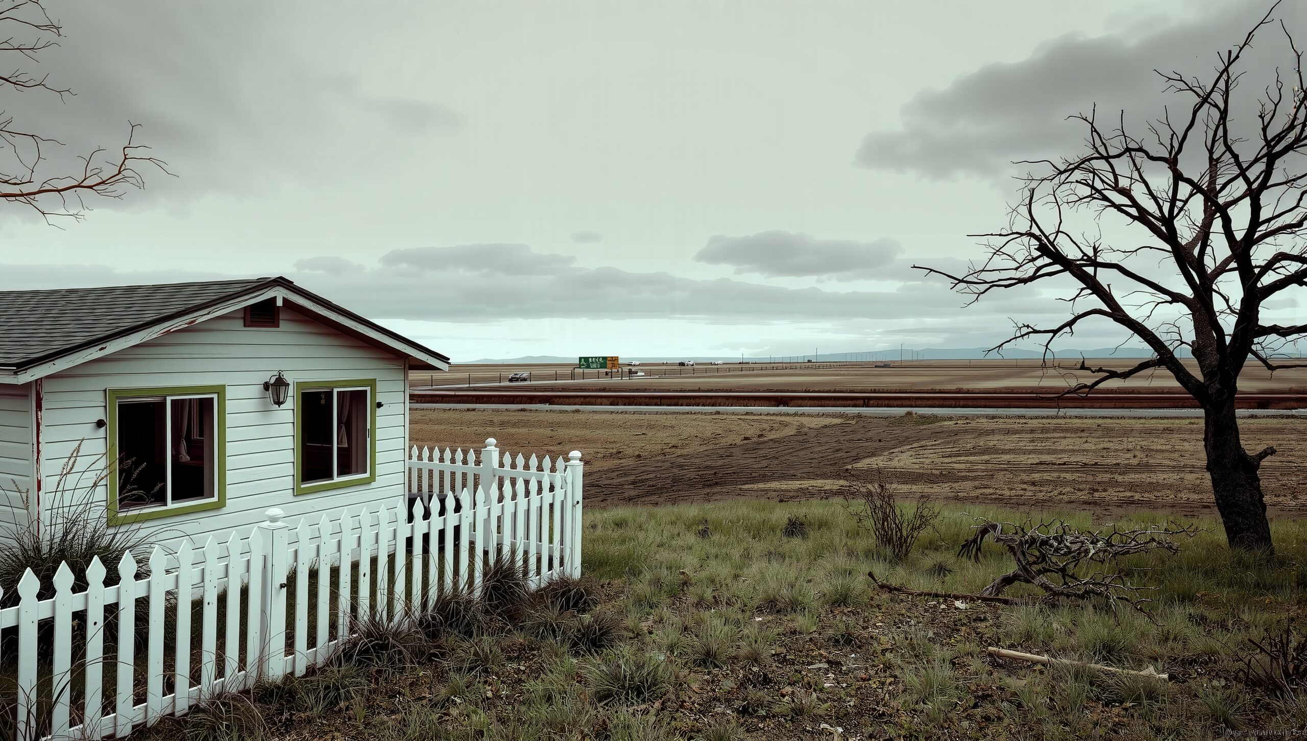 A small white house with white picket fence
