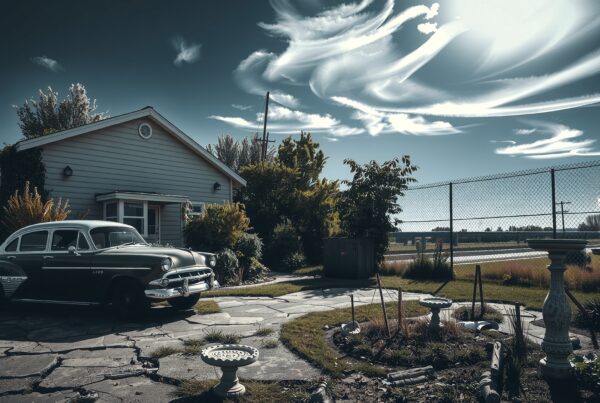 A vintage car parked in front of a classic suburban house under a sky filled with wispy clouds.