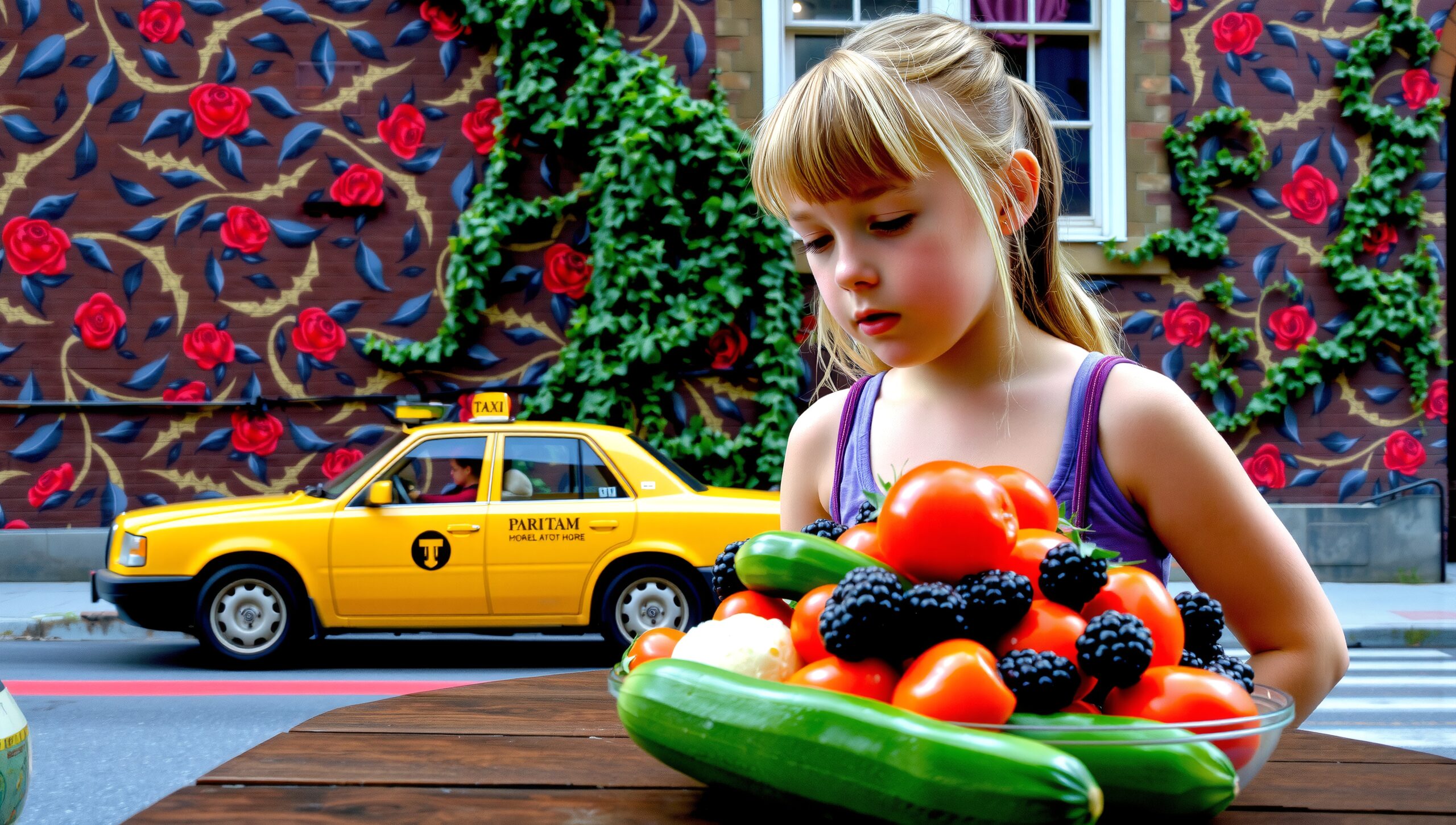 Colorful Urban Scene Girl Taxi Vegetables