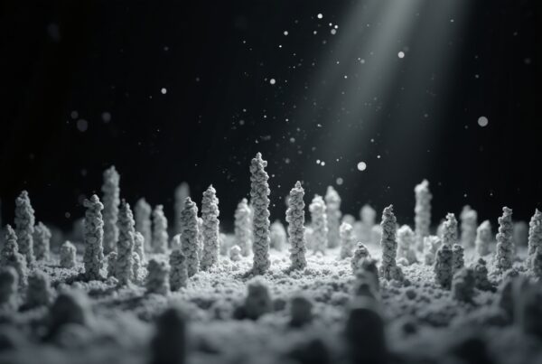 Surreal white pillars in a dark, mysterious landscape.