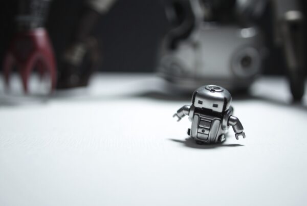 A small silver robot toy stands on a white surface surrounded by out-of-focus background elements.