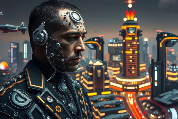 A cybernetic man overlooks a bustling futuristic city filled with neon lights and high-tech elements.