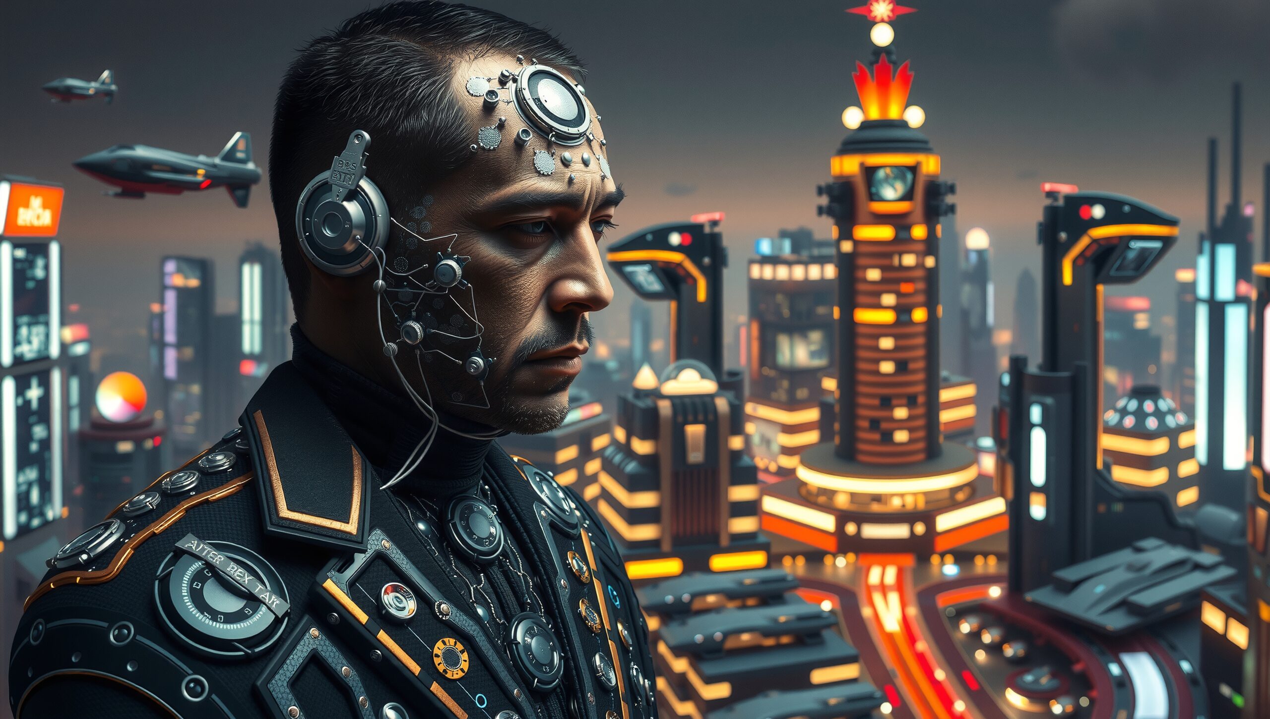 Cybernetic Man Over Futuristic City