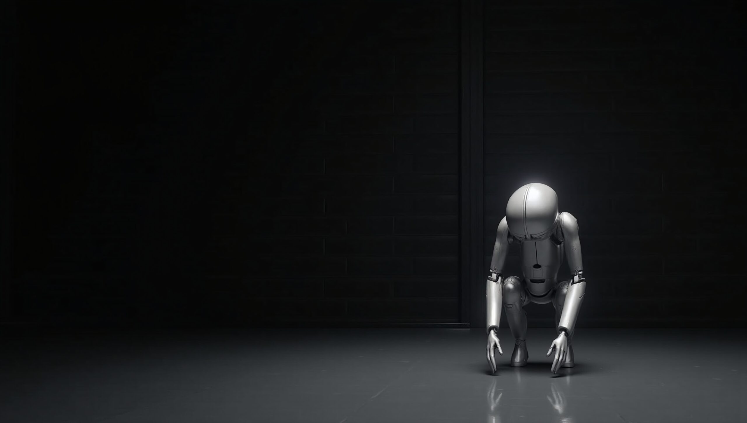 Alone Robot in Dimly Lit Industrial Room