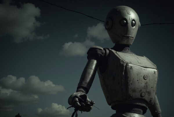 A vintage robot stands under a cloudy sky, exuding mystery and nostalgia.