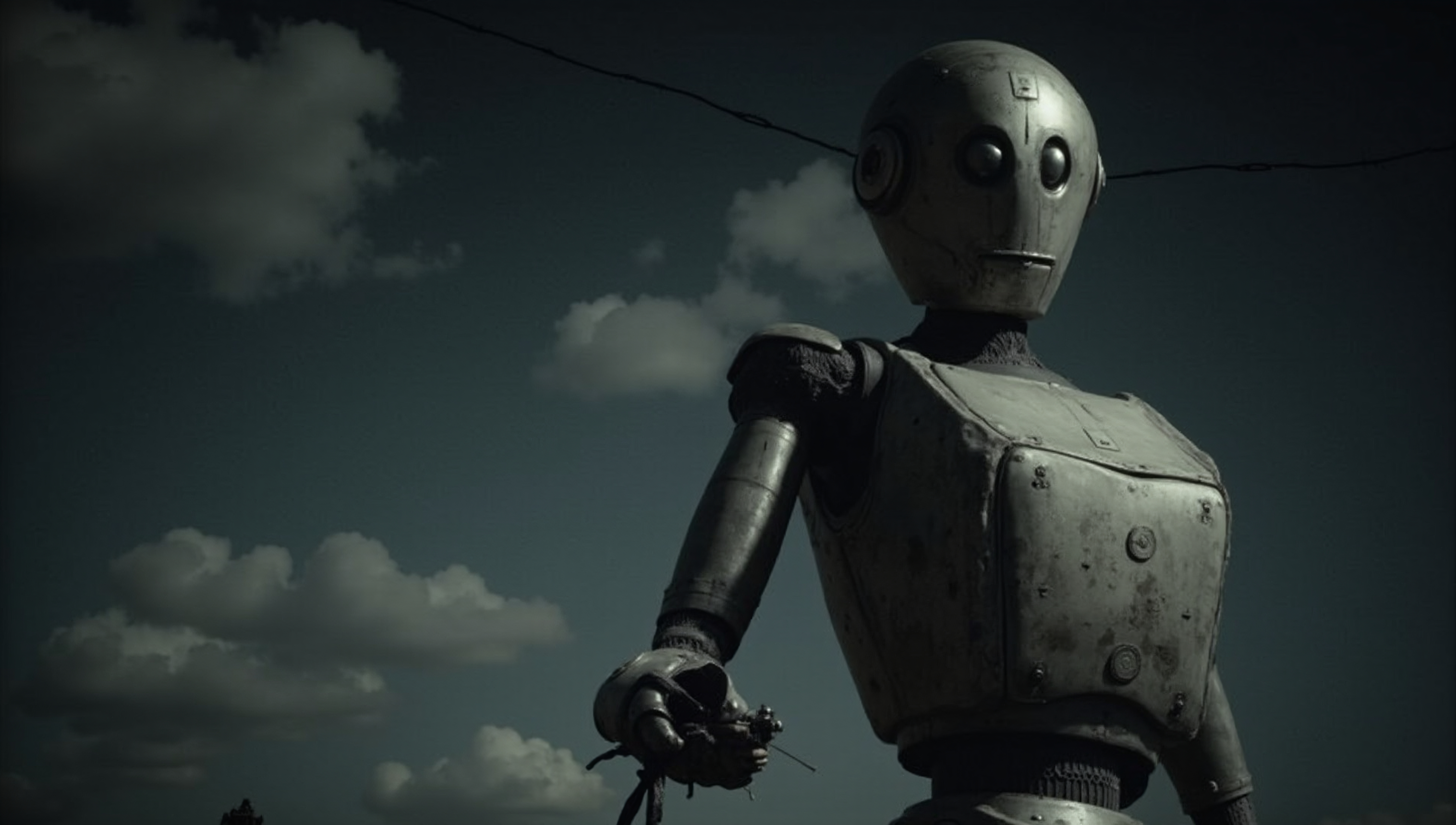 Solitary Robot Under Cloudy Skies