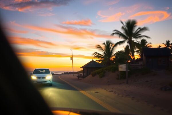 A car on a coastal road during sunset with palm trees and colorful sky.