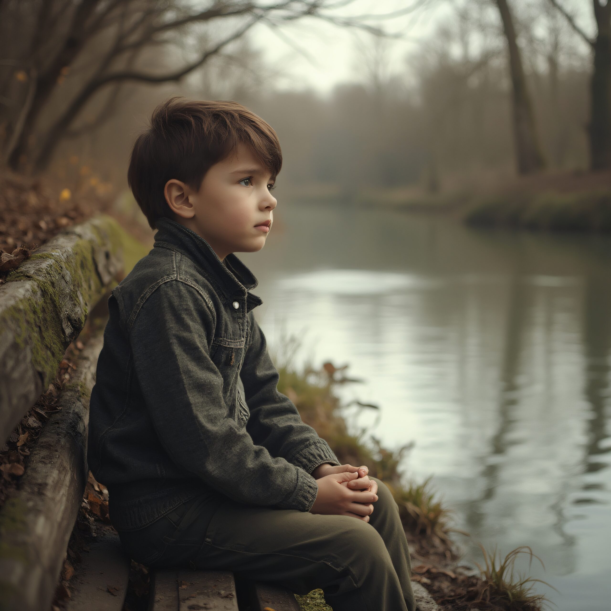 Pensive Child by Riverbank