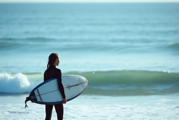 Person in wetsuit holding surfboard gazes at ocean waves.