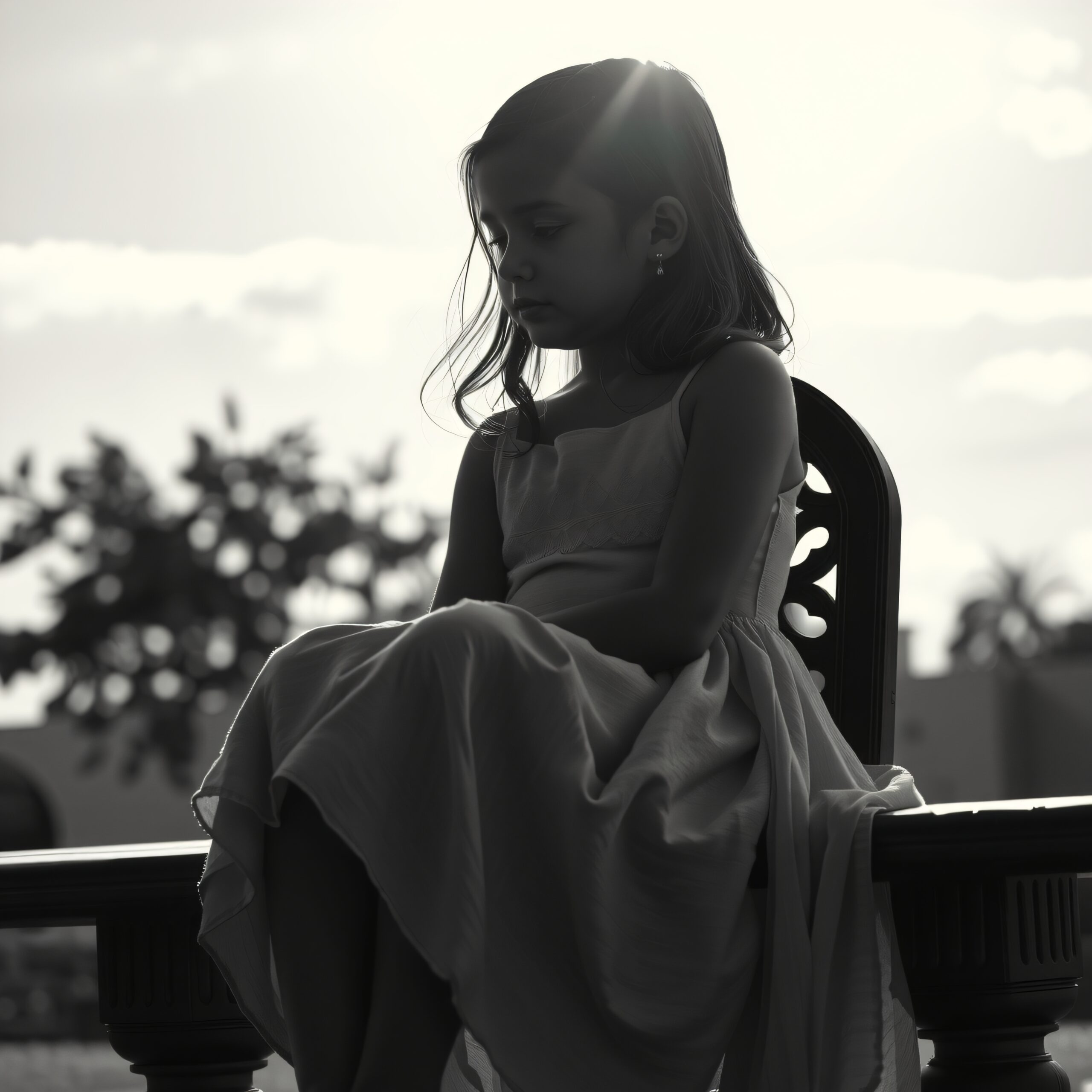 Pensive Girl on Wooden Bench