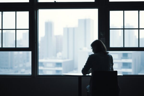 Silhouette of a person sitting by large windows with a cityscape view.