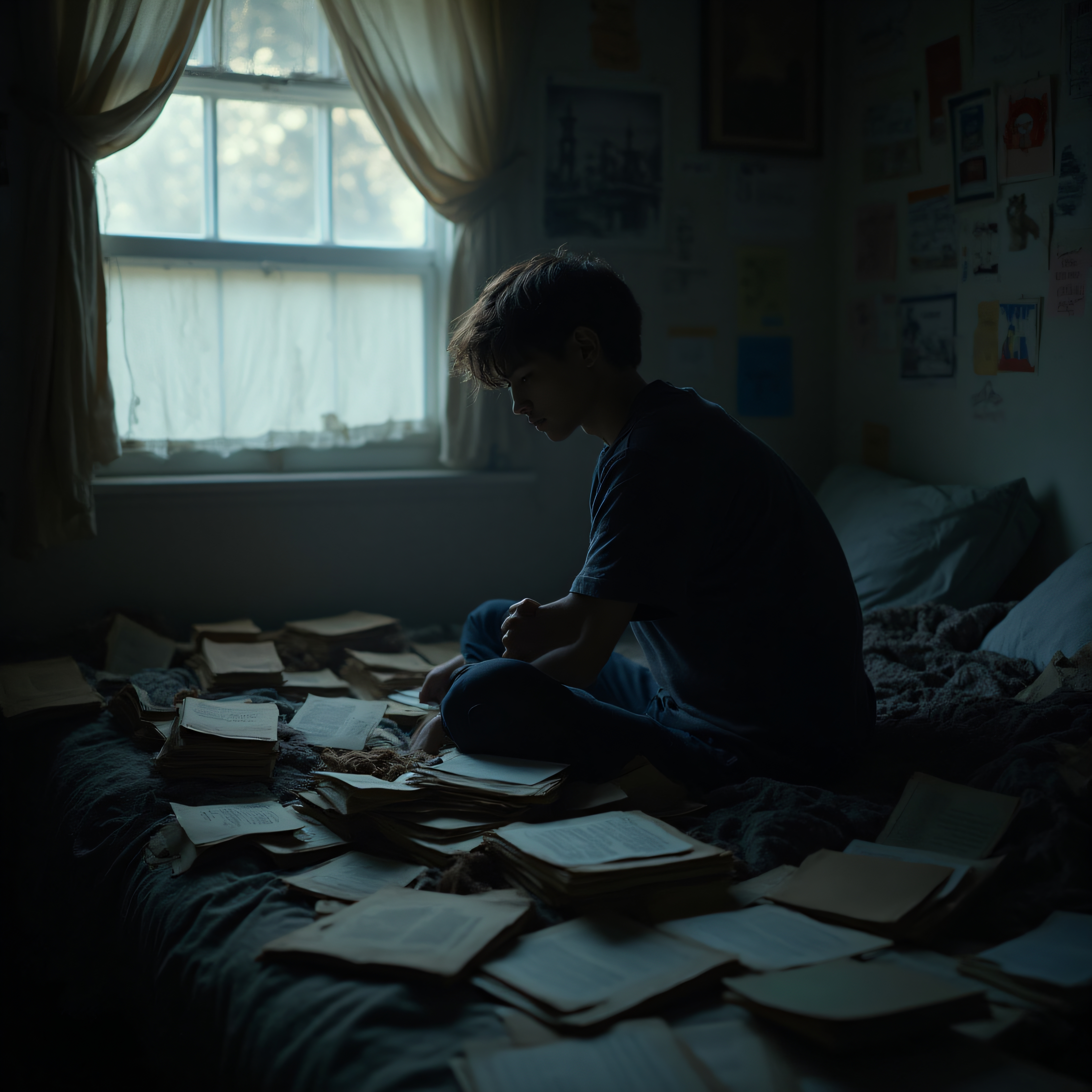 Teenager with books in dimly lit bedroom