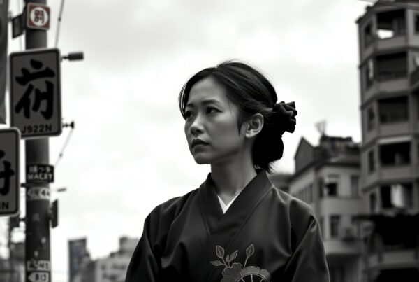 A woman in traditional attire stands thoughtfully against a monochrome cityscape.
