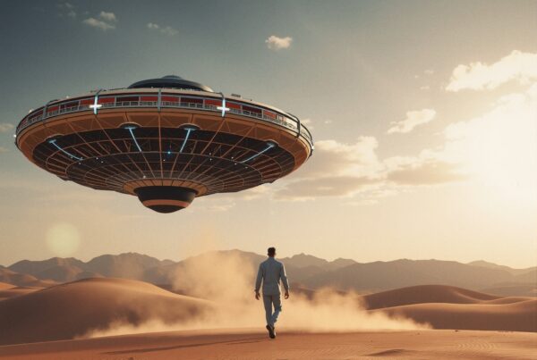 A lone figure stands beneath a hovering UFO in a sunlit desert landscape, casting an intriguing and otherworldly scene.
