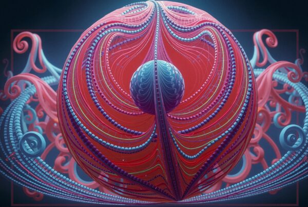 A detailed abstract 3D design featuring a central red sphere with swirling blue and pink patterns creating dynamic visual complexity.