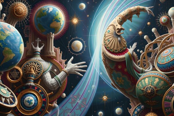 An intricate steampunk fantasy scene with cosmic elements and mechanical figures intertwined with celestial motifs.