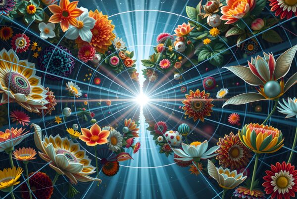 A dazzling array of colorful flowers spirals toward a radiant center, creating a mesmerizing floral vortex against a cosmic backdrop.