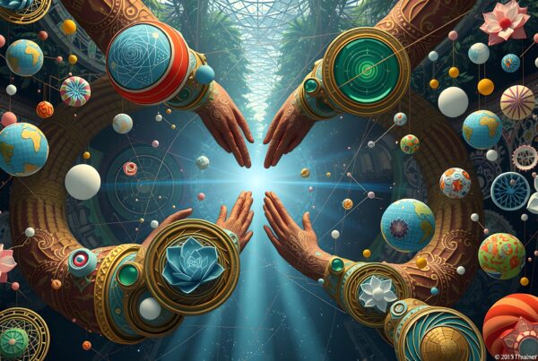 Abstract cosmic scene with hands reaching towards light surrounded by colorful, intricate orbs and celestial patterns.