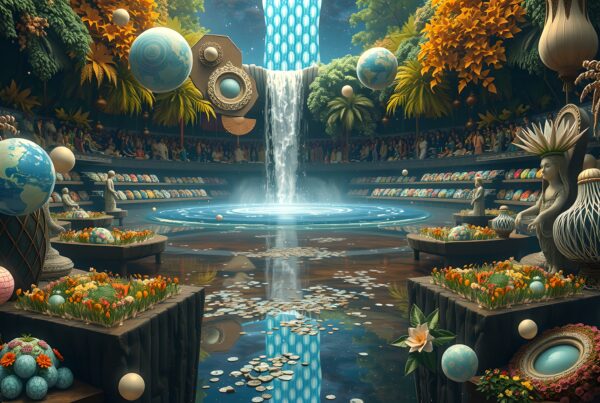 An enchanting garden with celestial accents, featuring floating planets and vibrant vegetation around a central waterfall, creating an immersive and fantastical scene.