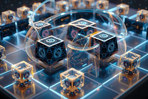 Futuristic digital art featuring illuminated cubes on a grid with neon spirals and transparent loops in a sci-fi setting.