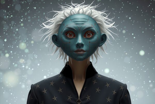 A futuristic figure with a blue circuit-patterned mask, white spiky hair, and star-patterned attire against a celestial bokeh background.