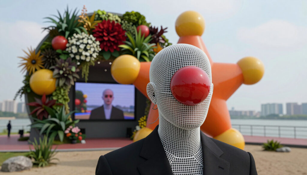 Art Installation with Wire Mesh Figure and Floral Display