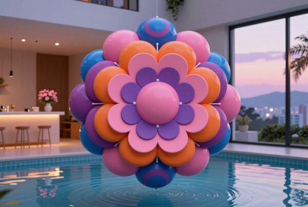 Colorful 3D geometric art over a serene indoor pool at twilight.