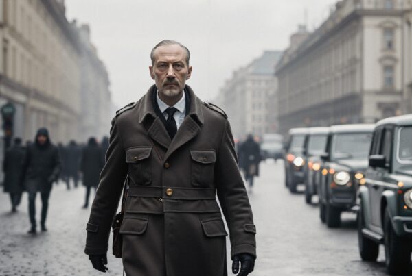 Man walking on cobblestone street with luxury SUVs in fog.