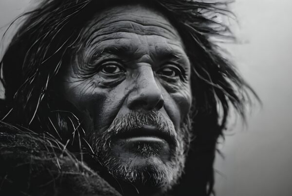 Portrait of an elderly man with contemplative expression, grayscale background.